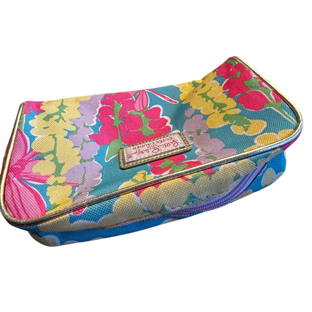 Lilly Pulitzer for Estee Lauder canvas makeup pouch gold trim pink yellow aqua - Picture 6 of 7